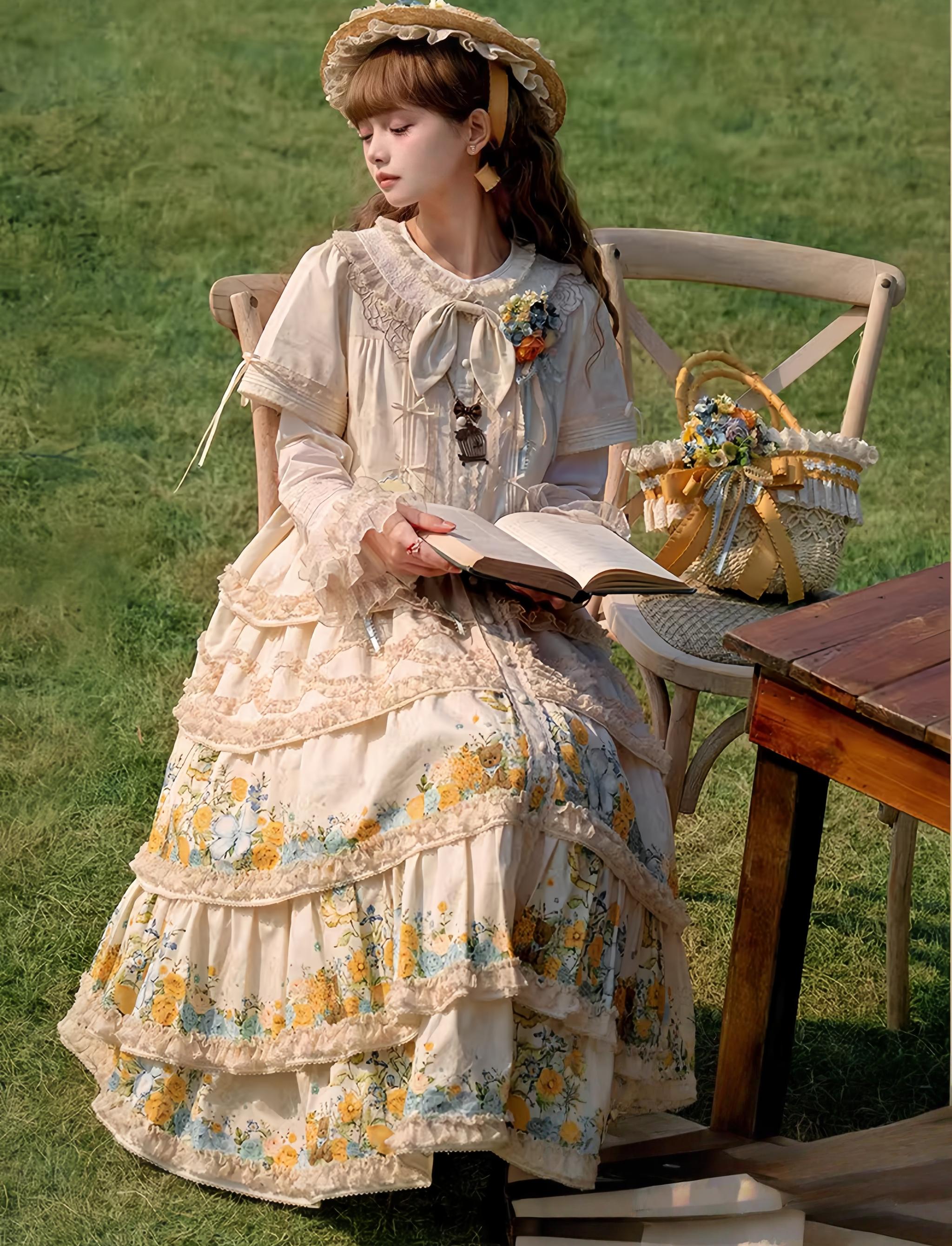 Flower Rabbit Bear - Country Lolita Tiered Skirt Dress, Floral & Bear Print