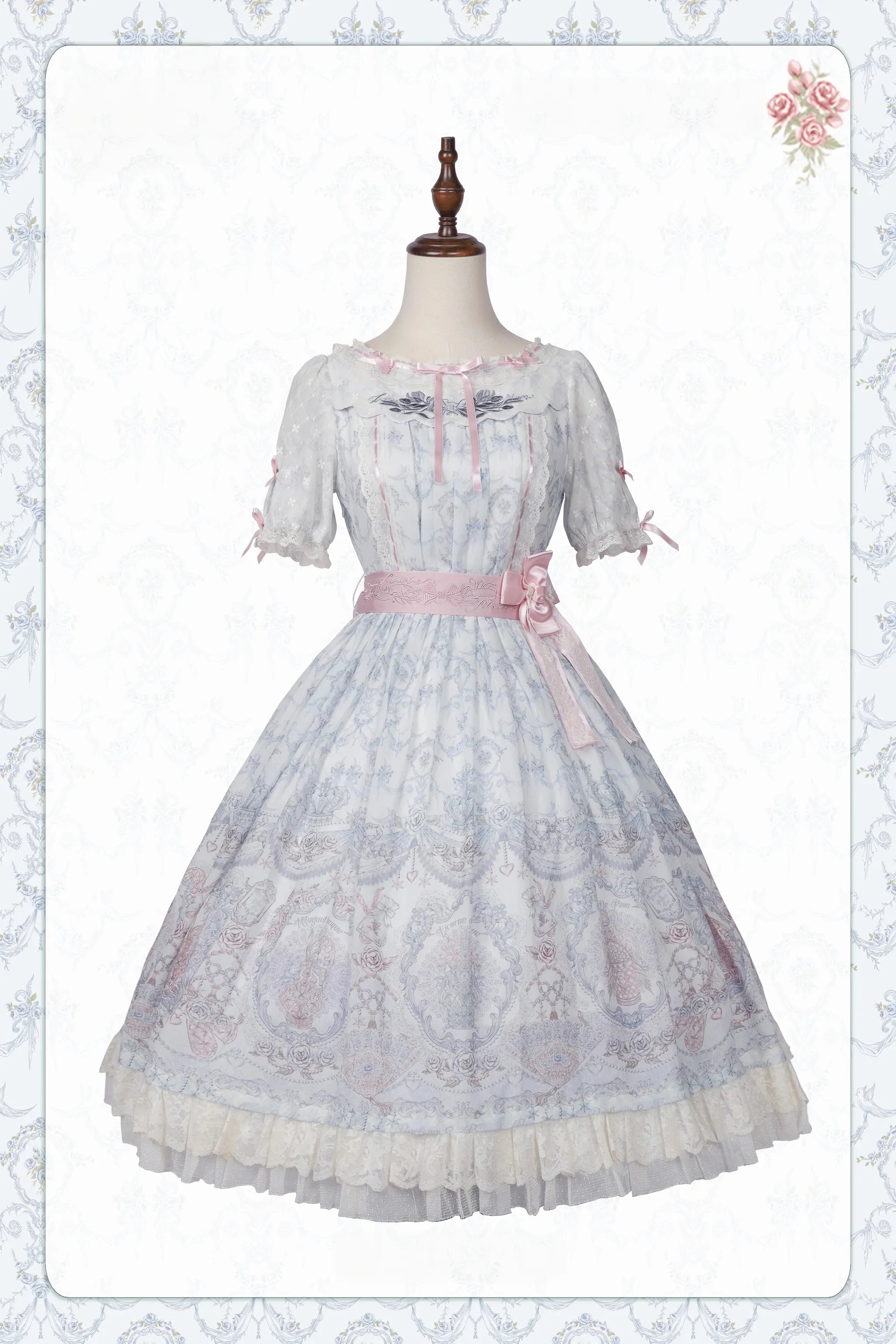 Rose Fragrance - Classic Lolita Lace JSK & OP Dress, Rose & Perfume Bottle Print (L M S) 45850:865550