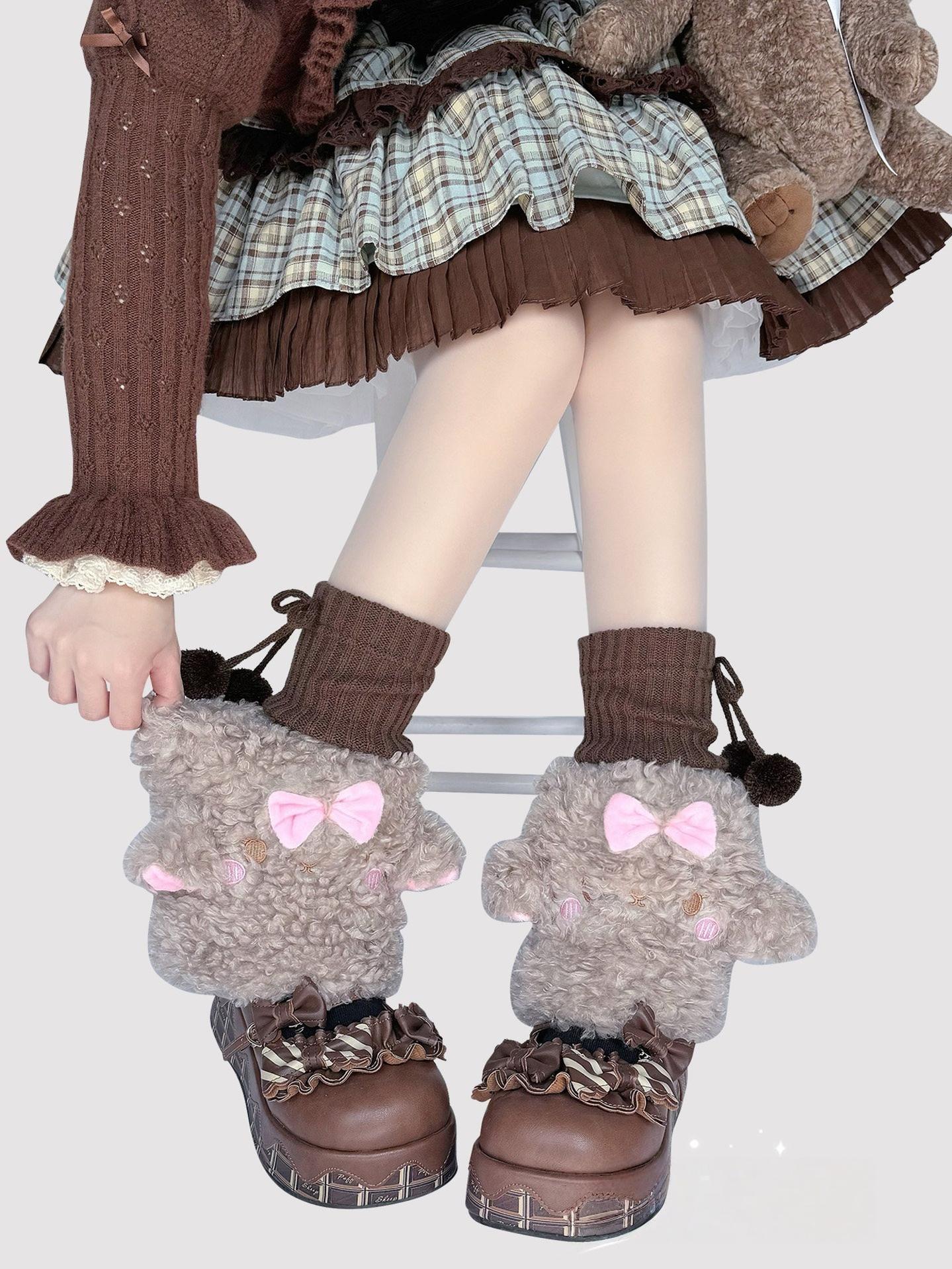 Winter Kawaii Lolita Leg Warmers, Lamb-shaped Light-khaki (lamb leg warmers + pom-pom sock toppers)