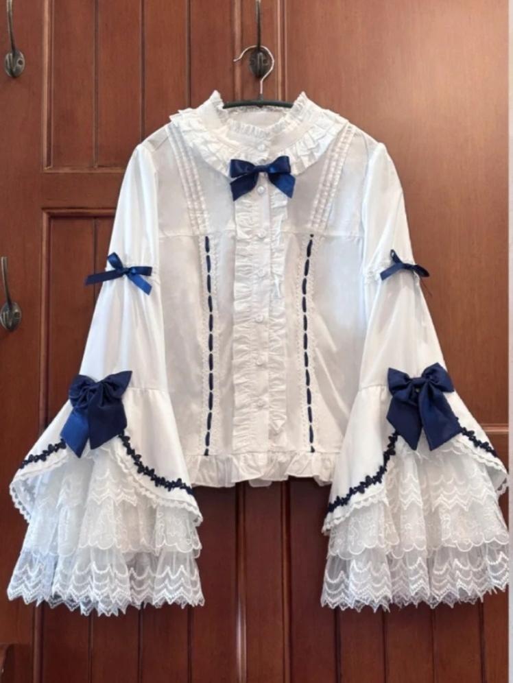 MQ Cat Ball~Maze Doll~Old School Lolita Princess Sleeves Shirt Short Cotton Blouse White and indigo Long-sleeved shirt S