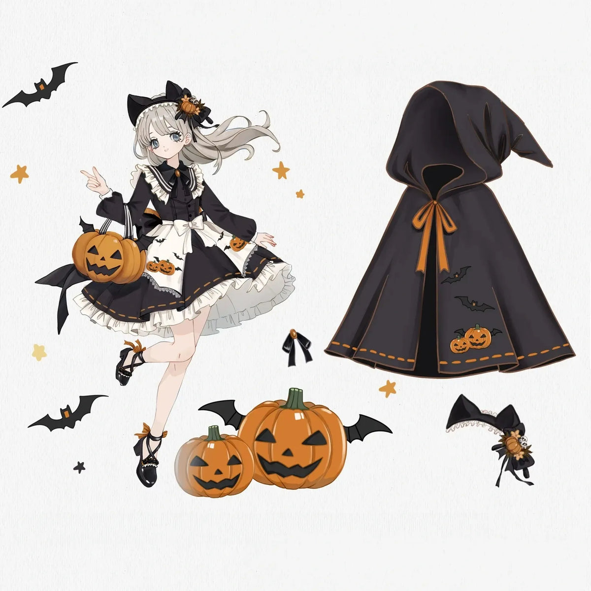 Little Witch - Halloween Gothic Lolita OP Dress Set, Pumpkin & Bat Embroidery OP + A Large Back Bow + Embroidered Apron + Cape S