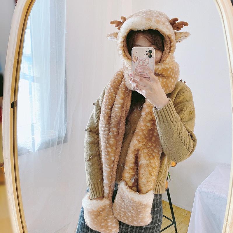 Xiaogui - Winter Kawaii Lolita Hat Antler Plush 3-in-1 Set Hat scarf and gloves set(3-in-1) Reindeer antler design