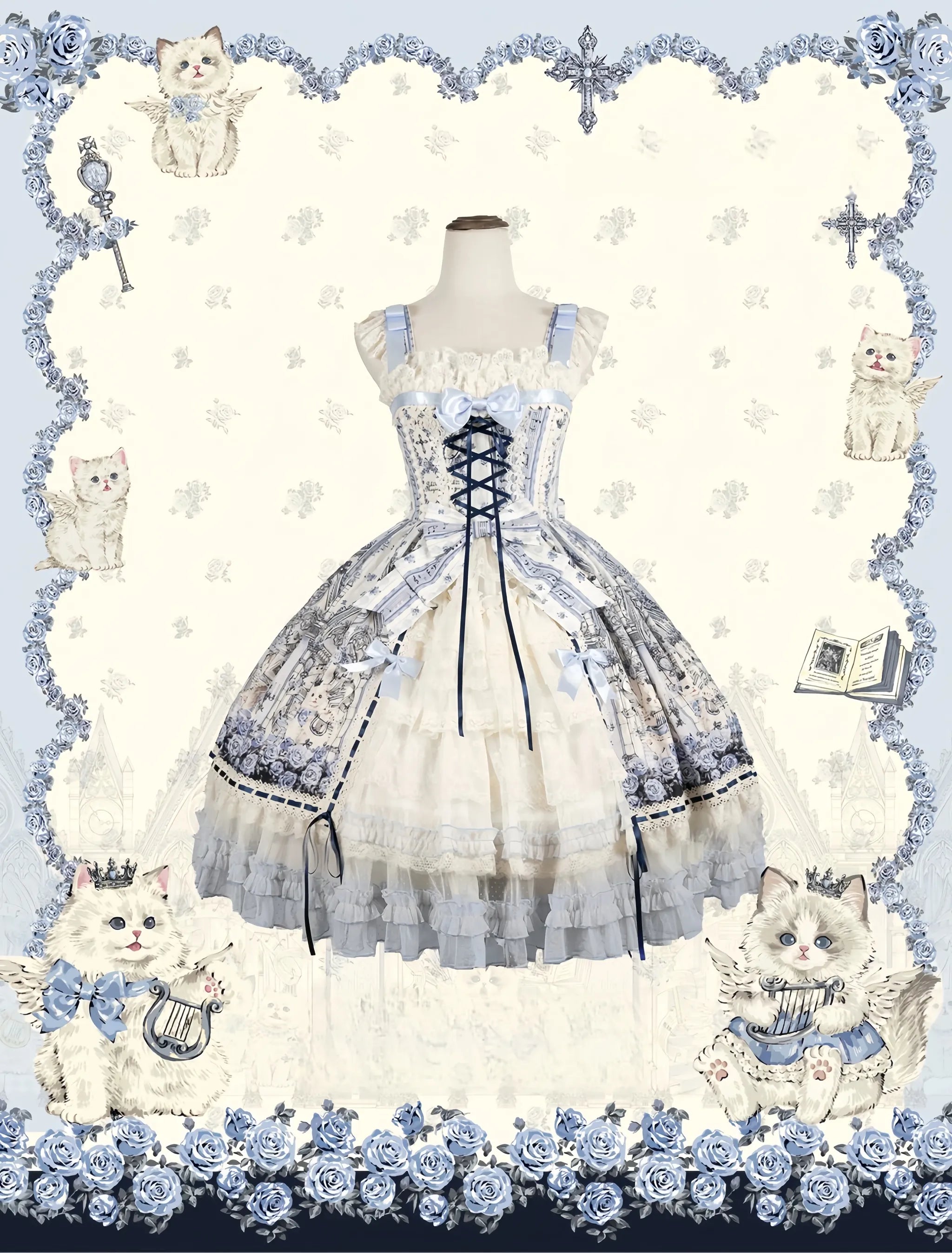 Glass Spire Melody - Cotton Lining Classic Lolita JSK, Cat and Musical Note Print (2XL 3XL L M S XL) 45586:852972