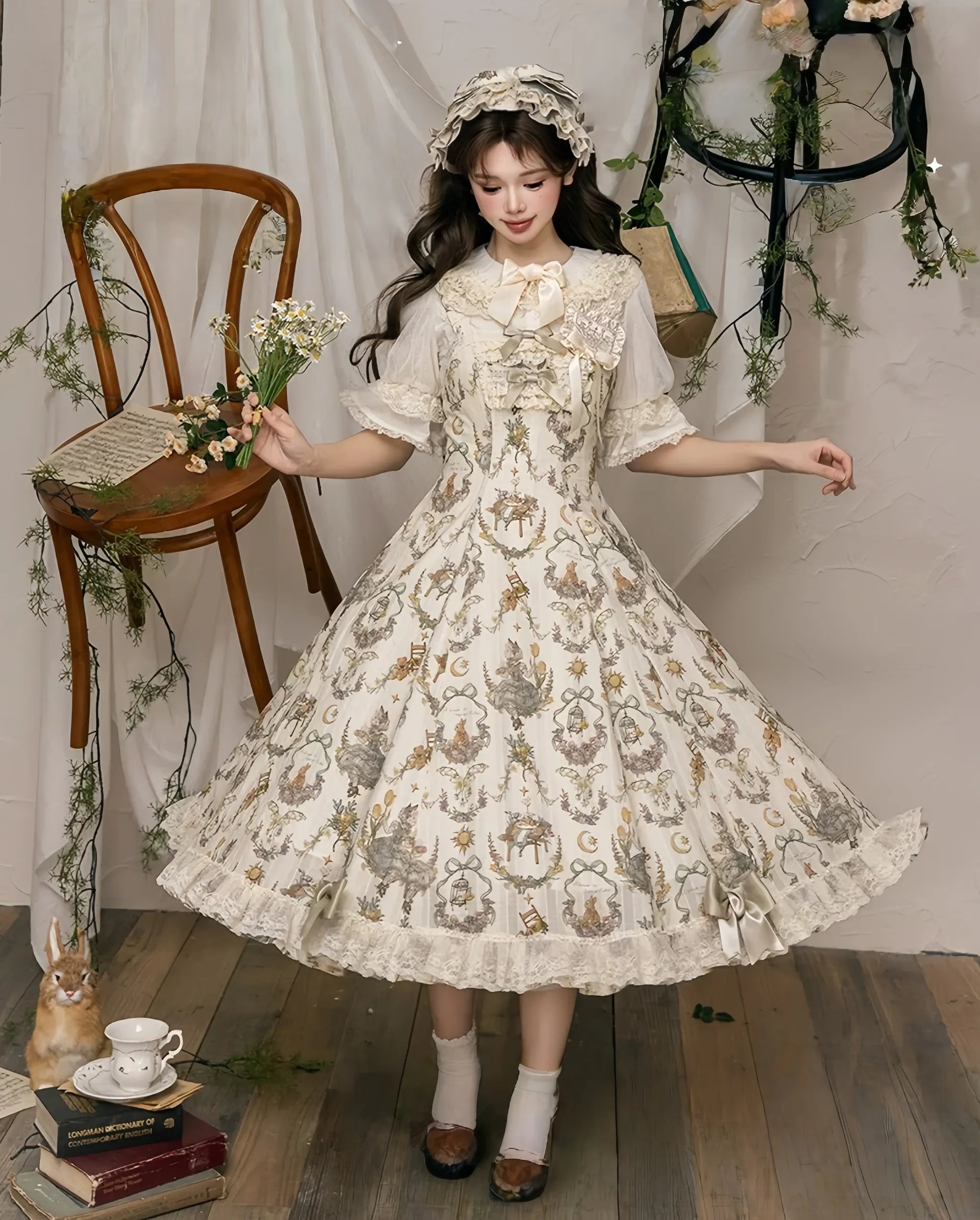 Anniversary Print - Cotton Classic Lolita OP Dress, Floral and Bunny Print