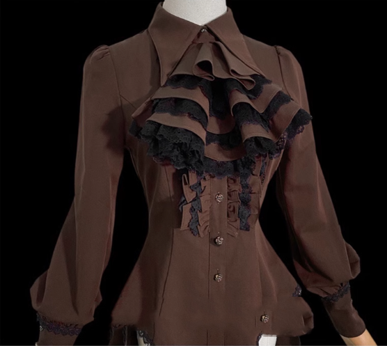 Little Dipper~Gothic Lolita Long Sleeve Shirt Long Blouse S Dark brown (pre-order) bow tie not included 