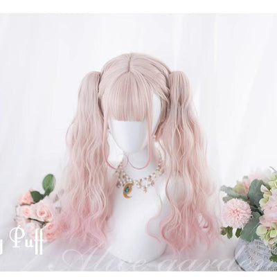 Alicegarden~Cherry Puff~Sweet Lolita Wig Gradient Pink Wig with Long Curly Ponytails short wig + double ponytails with clips+a hairnet  