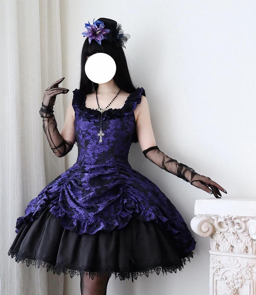Midnight Lily - Gothic Lolita Lily Jacquard JSK Dress, Drawstring Lift-up Hem 45765:861836