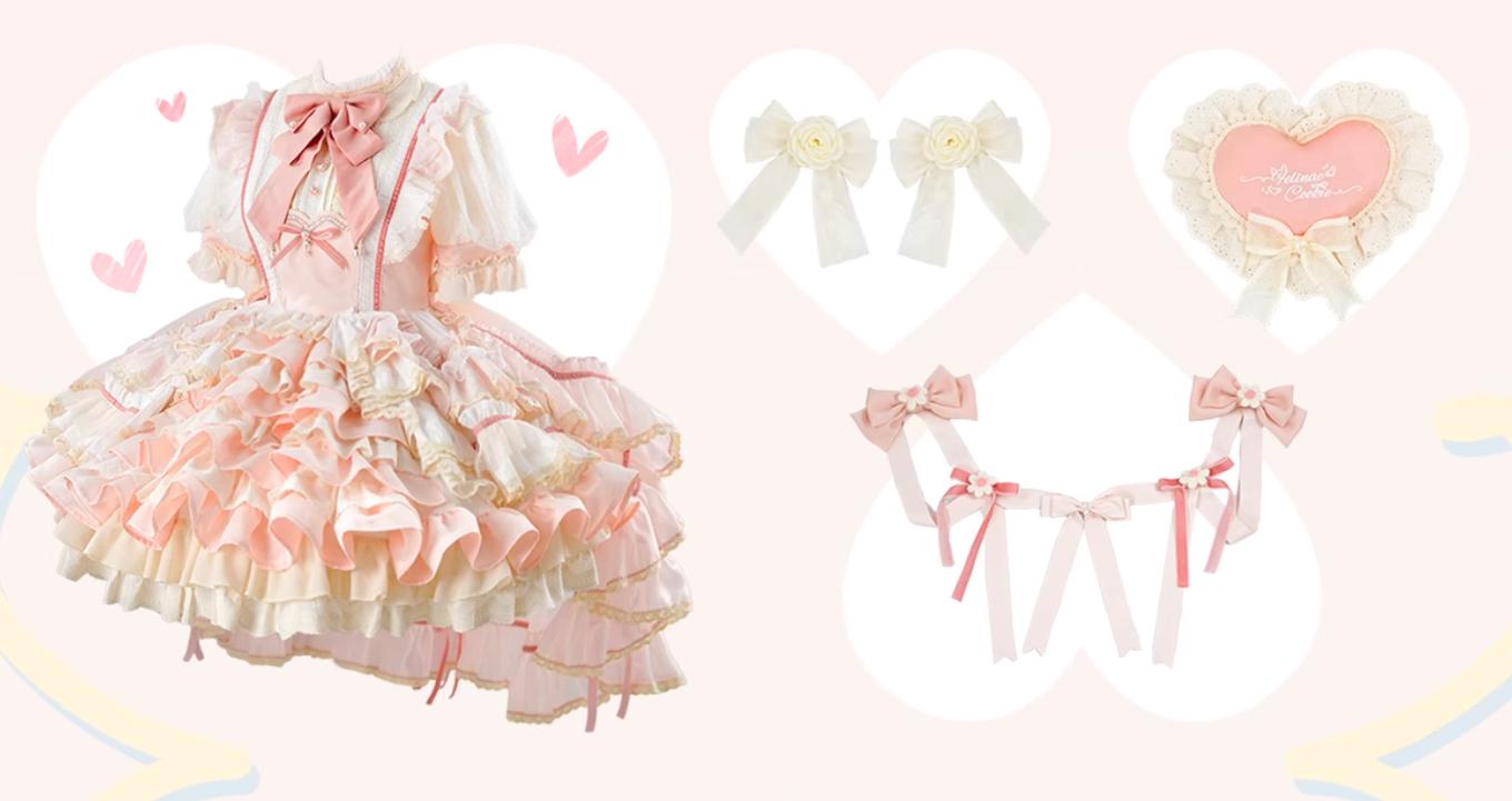 FelinaeCookieLolita~Cupid~Sweet Lolita OP Dress Set Pink Lolita Dress XS OP + 2 flower bows + ribbon bows + embroidery heart 