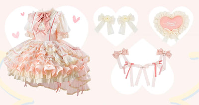 FelinaeCookieLolita~Cupid~Sweet Lolita OP Dress Set Pink Lolita Dress XS OP + 2 flower bows + ribbon bows + embroidery heart 
