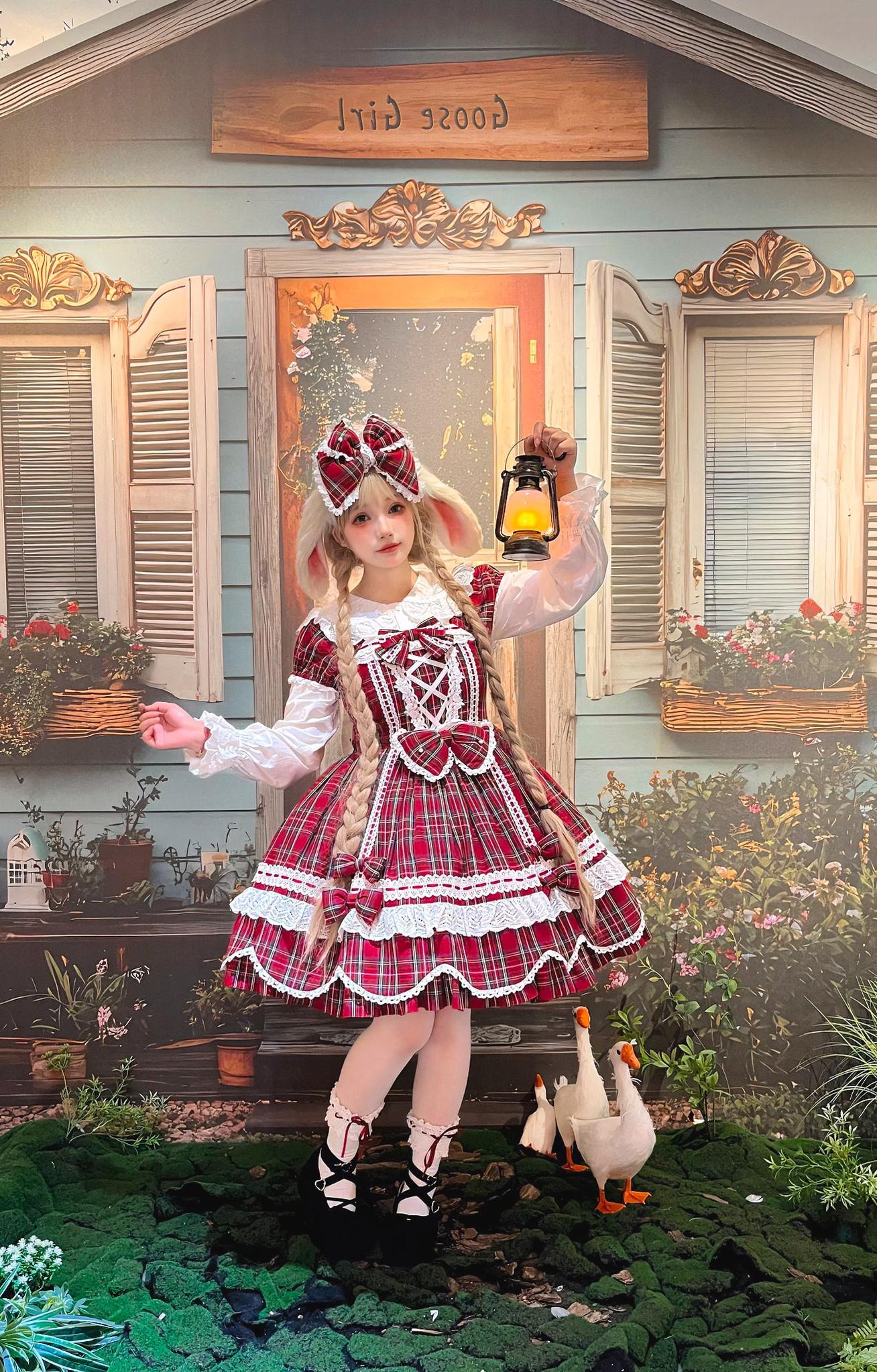 Plaid Petal Bunny - Old School Lolita Plaid OP Dress, Petal-shaped Hem 44673:818335