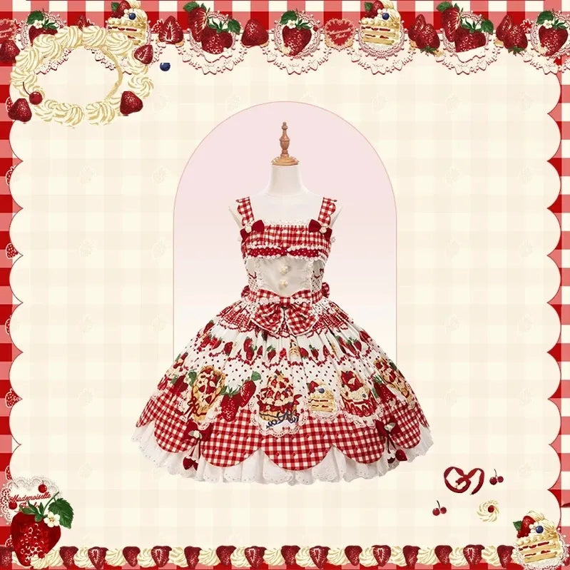 Strawberry Cake Pictorial - Cotton Sweet Lolita Petal Hem JSK, Strawberry Cake Print (L M S XL XS) 45810:863208