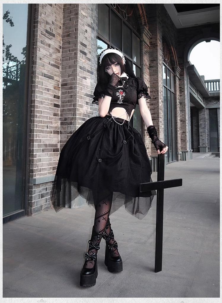 With PUJI~Evil Flower~Gothic Lolita Skirt Set Rose Embroidered Hollow Out Blouse 39596:631174