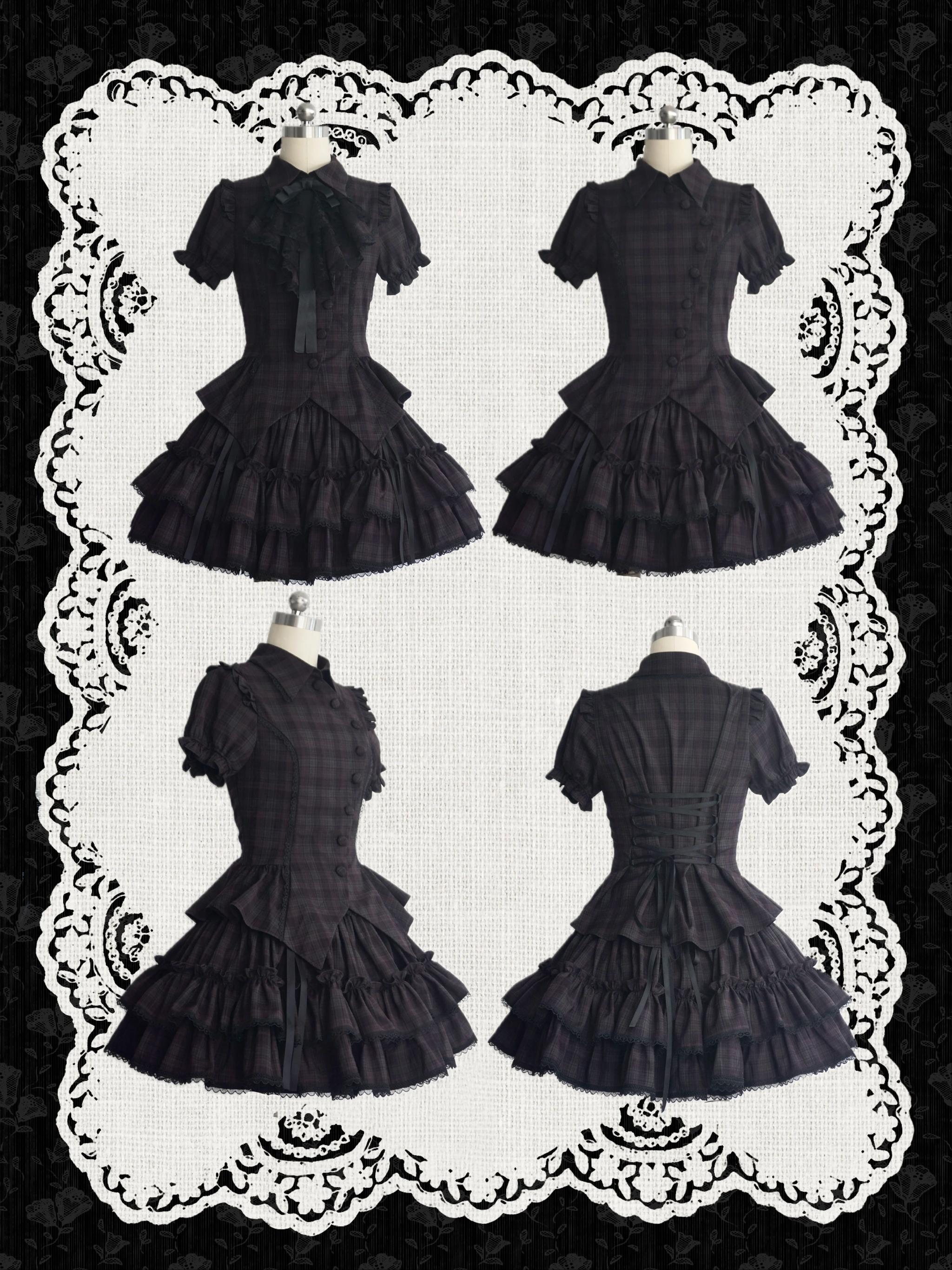 Lyra Nocturne - Gothic Lolita Slanted Placket Shirt Set, Plaid or Striped