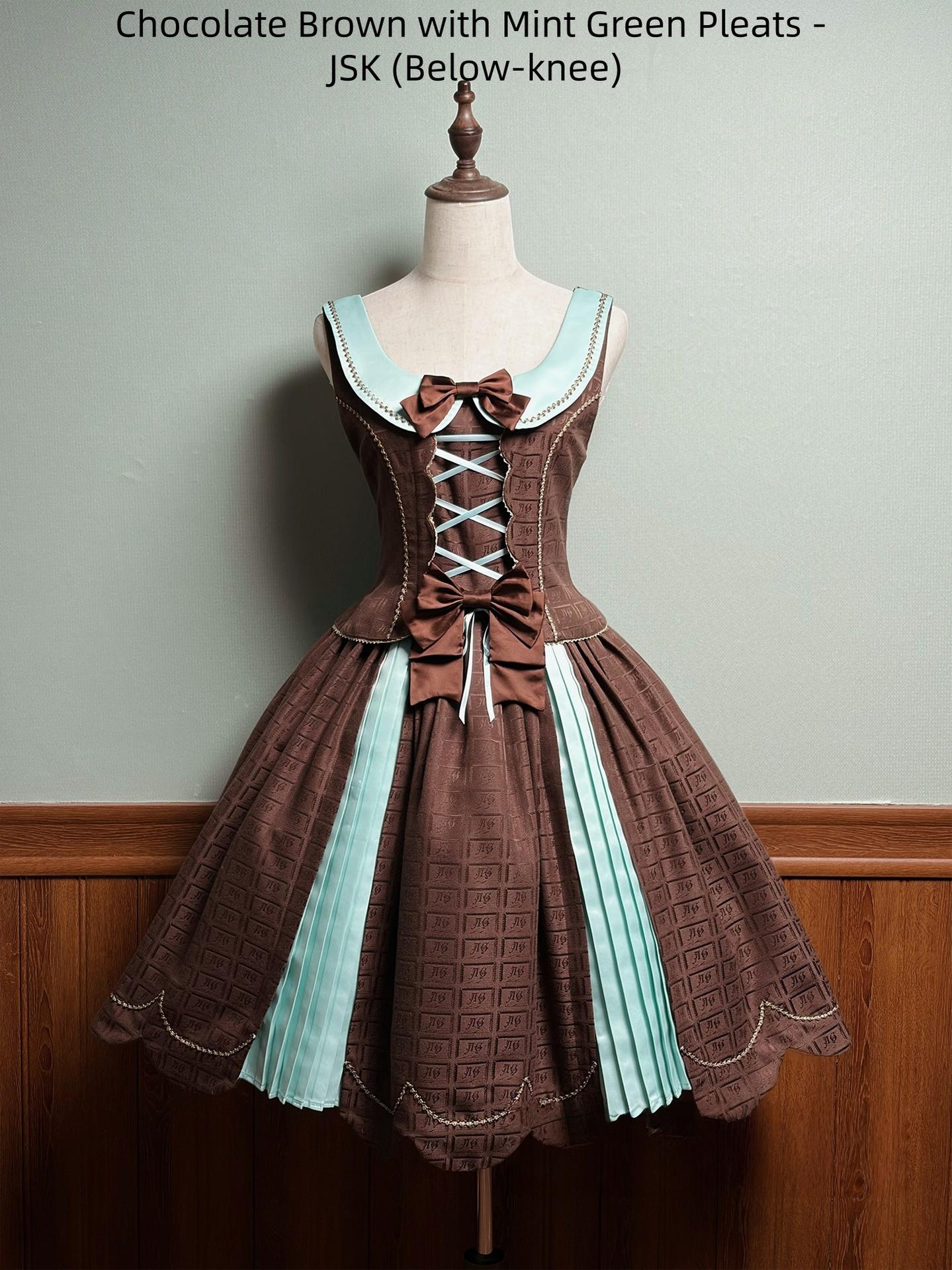Alice Girl - Bear Chocolate Slab - Classic Lolita Pleated JSK & SK Dress, Side Zipper Chocolate Brown with Mint Green Pleats - JSK (Below-knee) XS