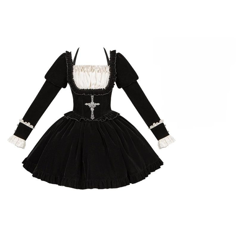 With PUJI - Apocalypse - Gothic Lolita Velvet OP Dress Set, Fishbone Waist (L M S) 44128:797359
