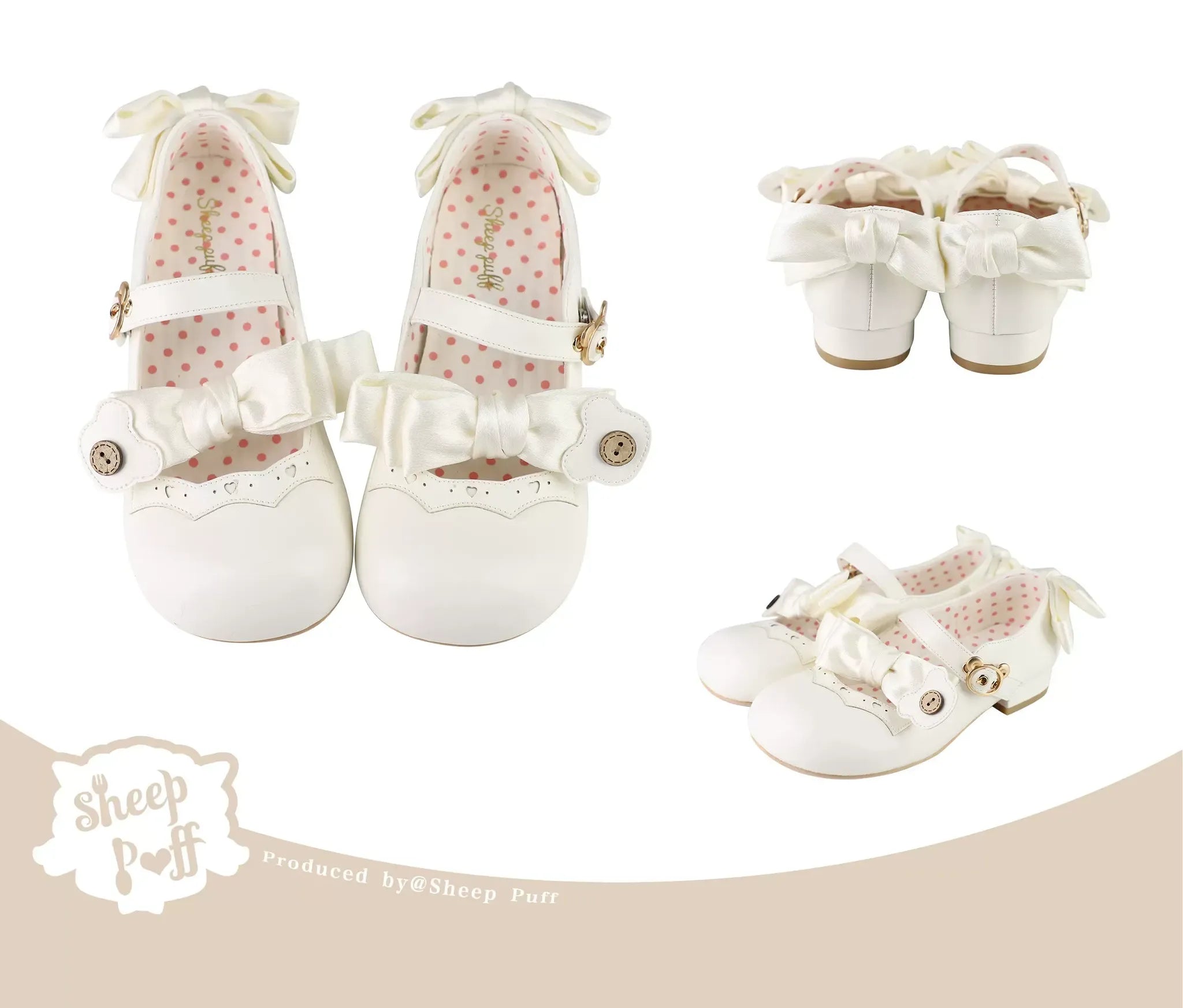 Bear Room - Sweet Lolita Shoes Double Bow Round Toe Flat Shoes White with Ribbon Bow 34