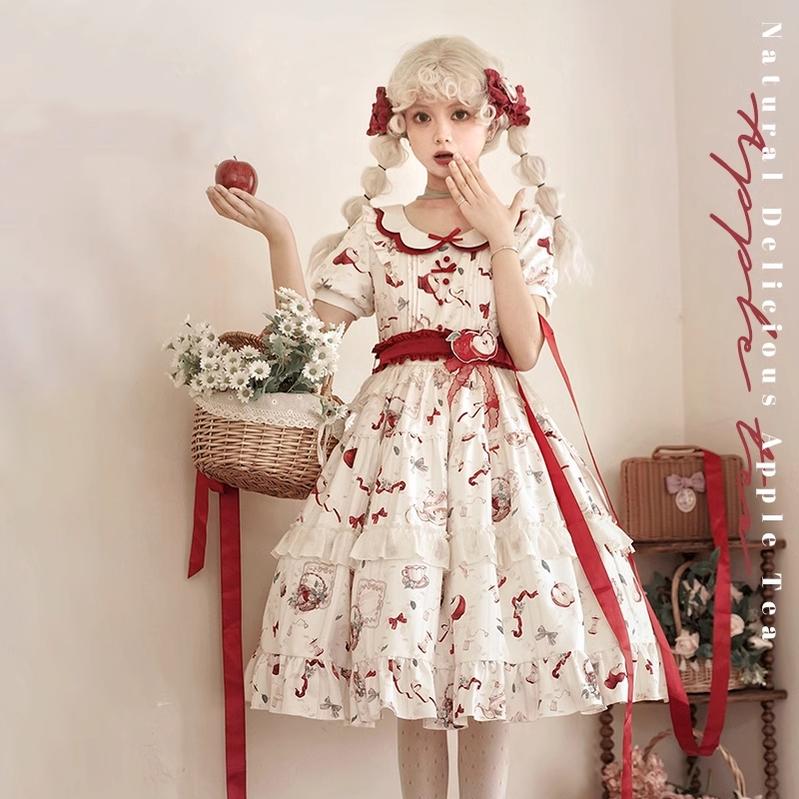 Urtto~Apple Tea~Country Lolita OP Dress Apple Prints Dress for Spring and Summer S Apple tea OP 