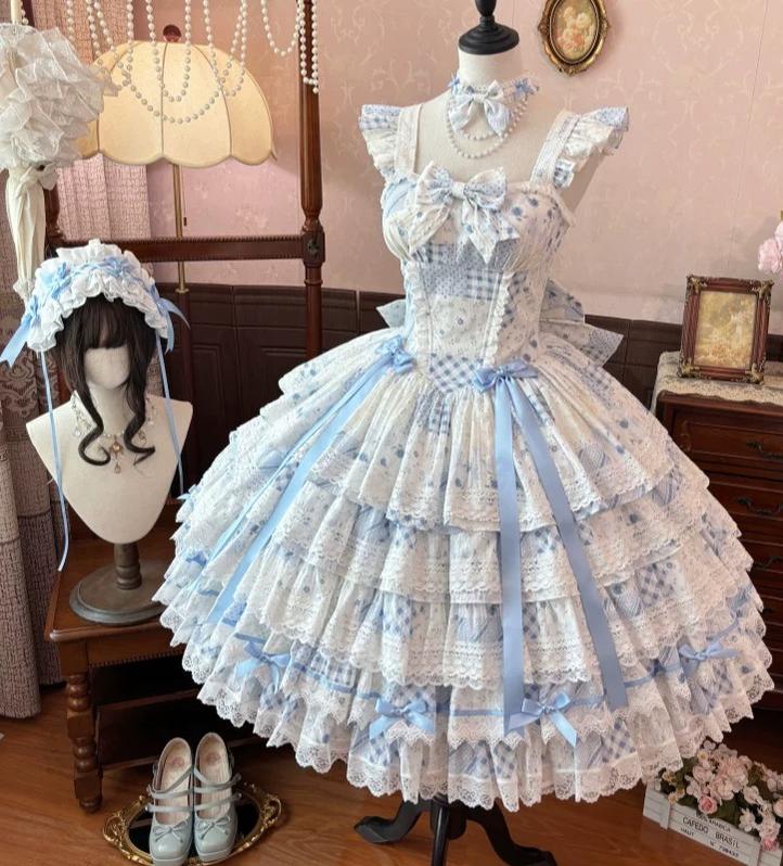 Flower Narrative Ballad - Classic Wedding Lolita Floral Printed JSK Dress with Tiered Hem (2XL L M S XL XS) 45728:859722