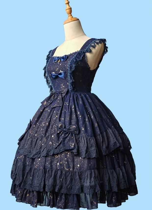 Star Wish - Classic Lolita JSK Dress, Gold Foil Constellation Chiffon 45954:869303