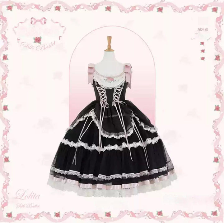 Mademoiselle Pearl~Silk Ballet~Wedding Lolita JSK Dress Princess Ballet Dress XS Long JSK (Black-pink with black lining) 