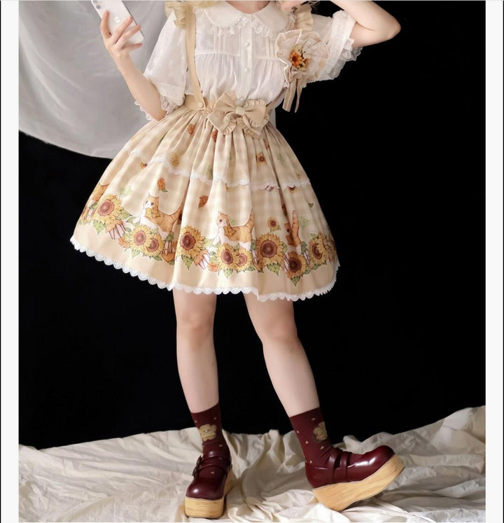 Chaton Jardin~Sunny Cat~Sweet Lolita Suspenders SK Sunflower Print Lolita Skirt   