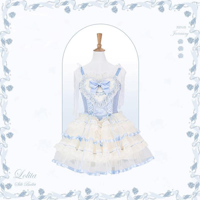 Flower and Pearl Box~Silk Ballet~Wedding Lolita JSK Dress Princess Bridal Dress XS Short JSK (Blue) 