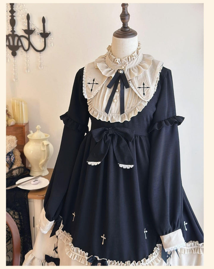 Niu Niu~Plus Size Lolita OP Dress Vintage Lolita Winter Dress L Black dress 