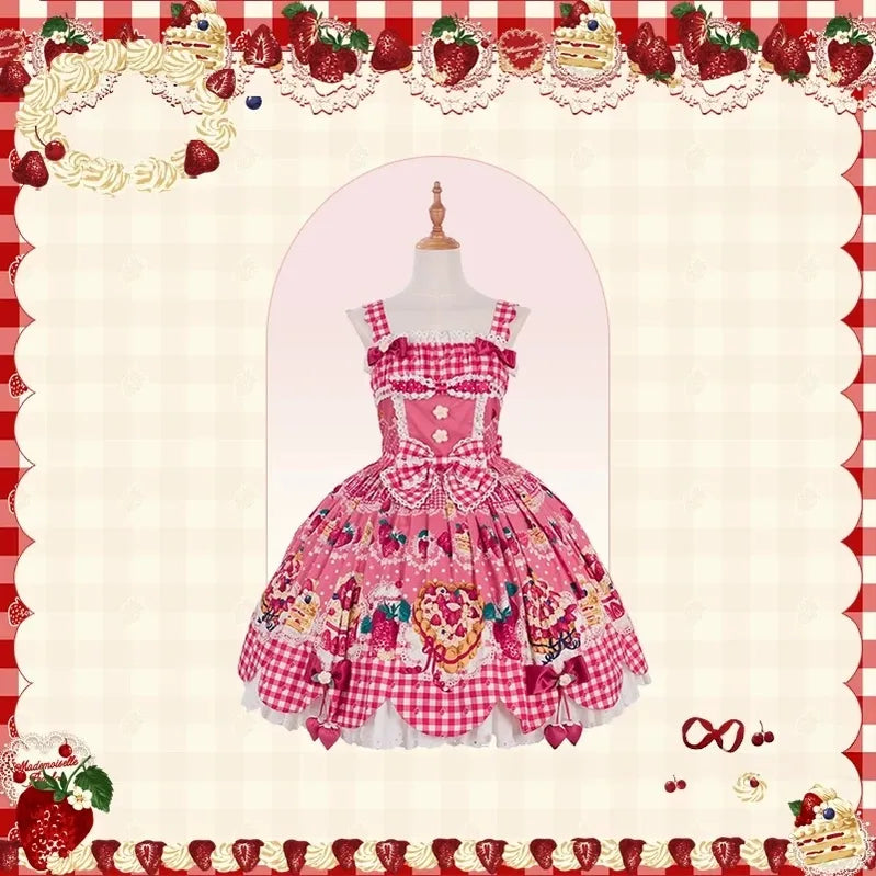 Strawberry Cake Pictorial - Cotton Sweet Lolita Petal Hem JSK, Strawberry Cake Print (L M S XL XS) 45810:863206