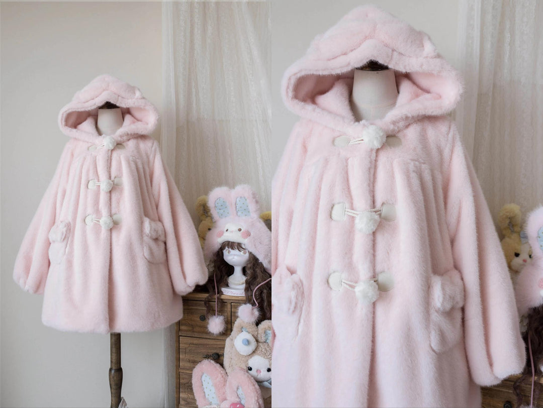 MIST~Cream Cheese~Winter Kawaii Lolita Overcoat Thickened Hooded Loose Outwear Light pink S (suitable for weight under 62.5 kg)