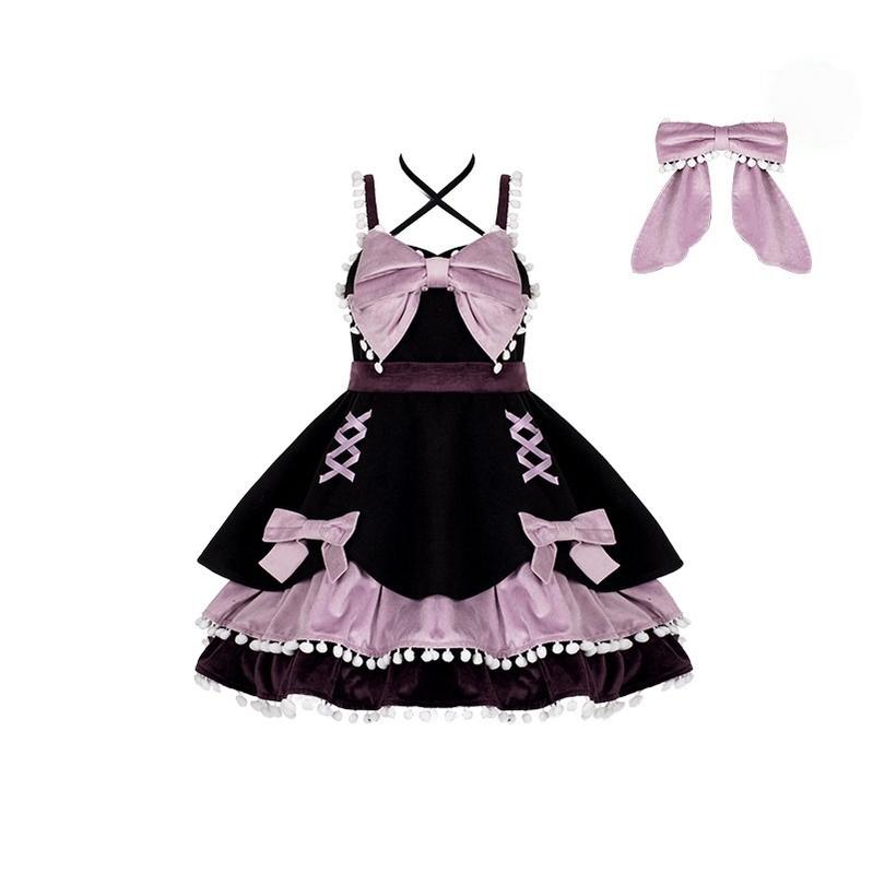 With PUJI - Confession Function - Wool Kawaii Lolita JSK Dress Suit S Black Purple JSK + Back Bow Trailing