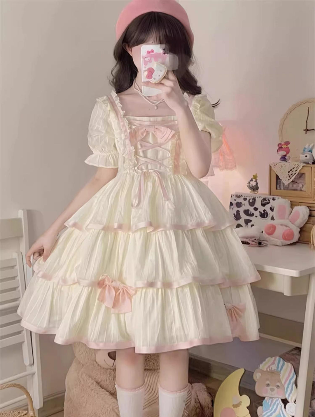 Yueele~Plus Size Lolita OP Dress Summer Princess Lolita Dress Beige-pink L 