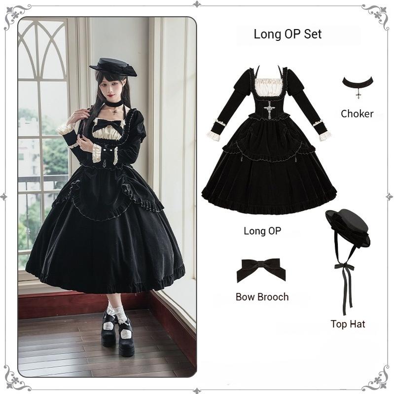 With PUJI - Apocalypse - Gothic Lolita Velvet OP Dress Set, Fishbone Waist (L M S) 44128:797388