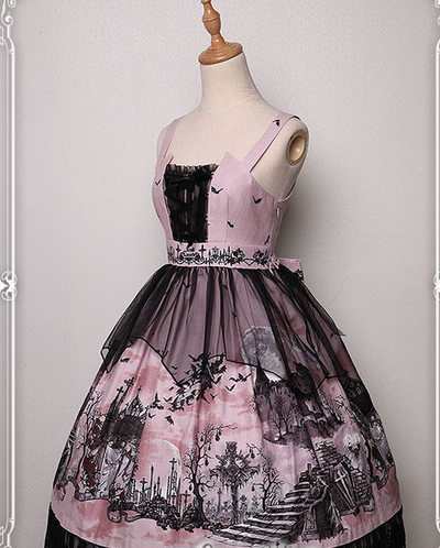 Krad Lanrete~Gothic Lolita JSK Bat Print Multicolors M JSK2 long high waist pink