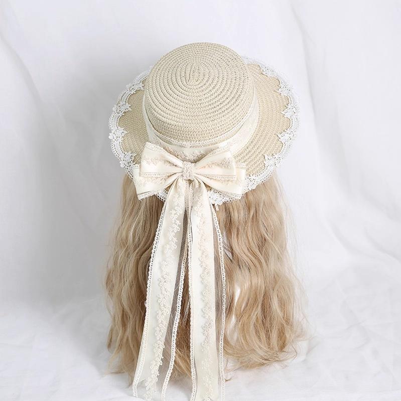 Xiaogui - Country Lolita Handmade Lace Straw Hat M ( For Adult) Ivory