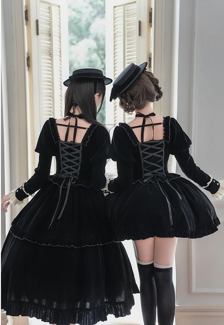 With PUJI - Apocalypse - Gothic Lolita Velvet OP Dress Set, Fishbone Waist 44128:797426