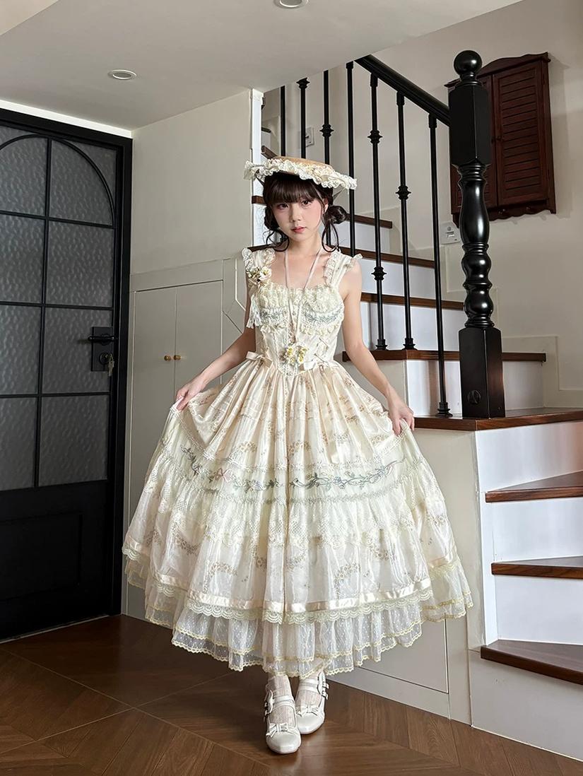 Daisy Poetry - Classic Lolita Lace JSK & OP Dress, Daisy Print and Embroidery 45825:864060