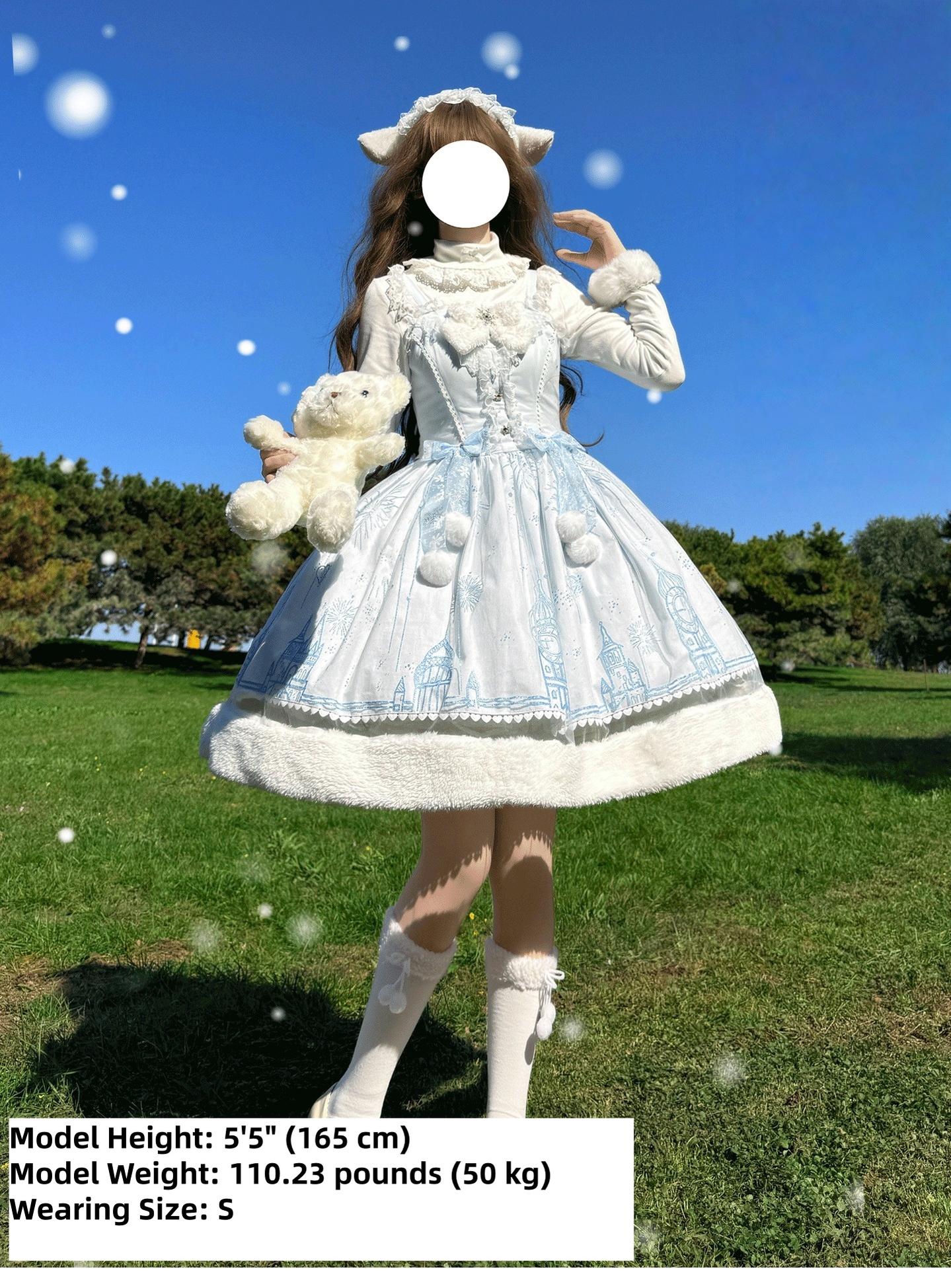 ZhiJinYuan - Snow Castle - Winter Sweet Lolita JSK Cape Dress, Blue Castle Print 44107:796774
