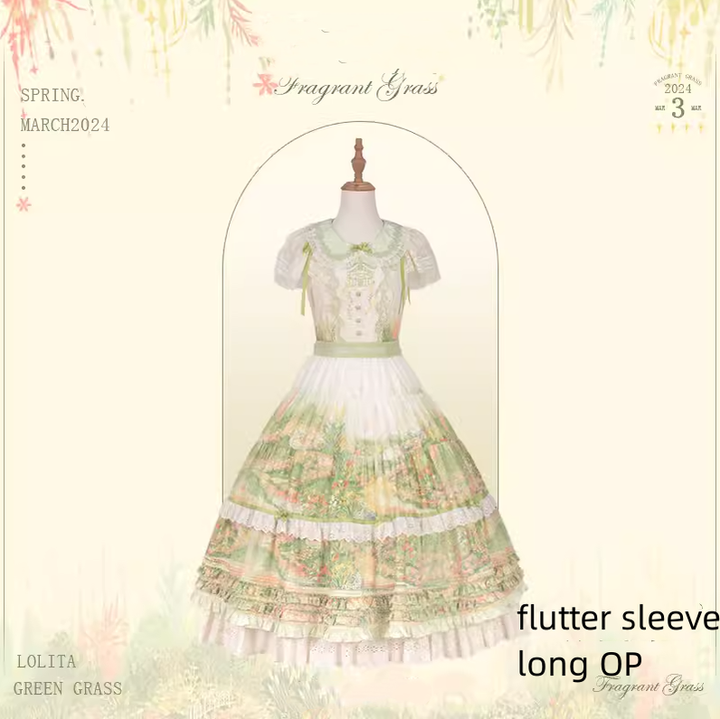 Flower and Pearl Box~Wild Flowers and Fragrant Grass~Country Lolita Dress Floral Print JSK and OP Dress Set (L M S XL XS) 35380:486604