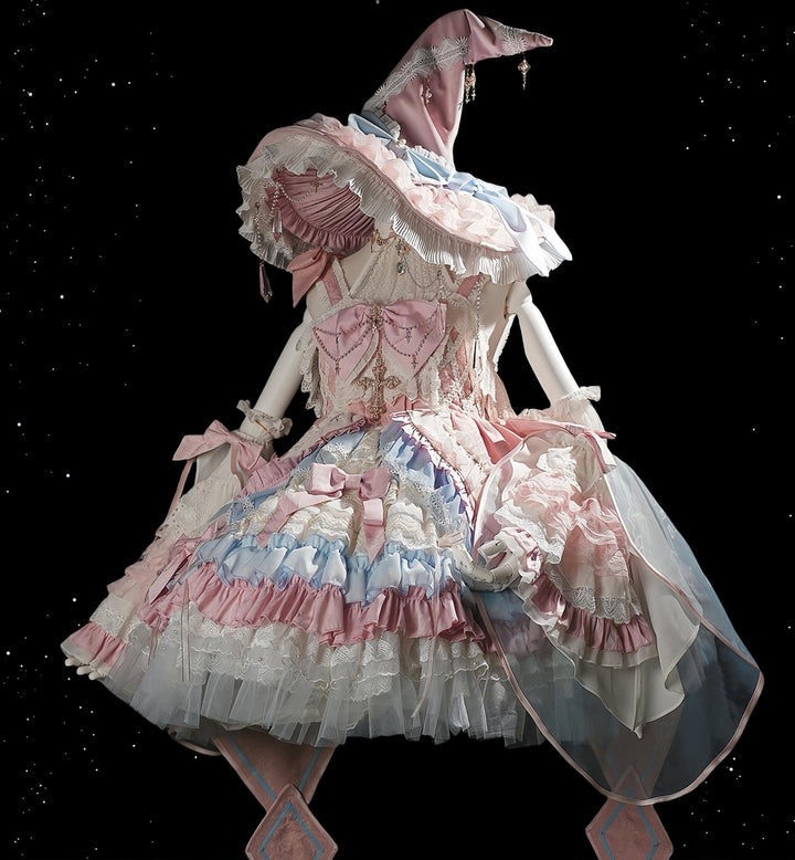 FelinaeCookieLolita~Witch Pawnshop~Gothic Lolita JSK Outfit with Cross Pearl Details Pink Blue A Full Set