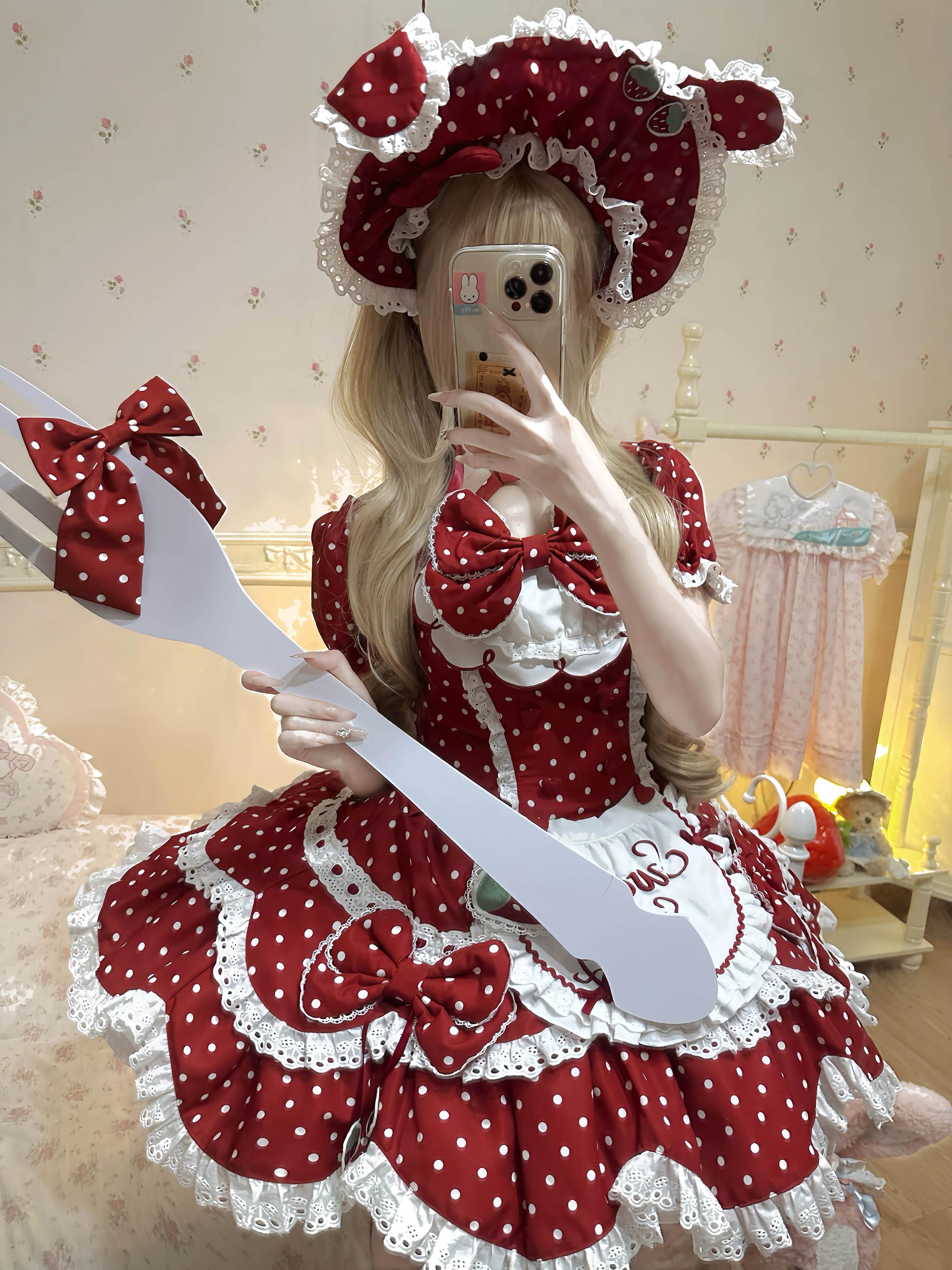 Salty Cream - Strawberry Polka Dot - Sweet Lolita OP Dress, Detachable Apron Red OP Only XS