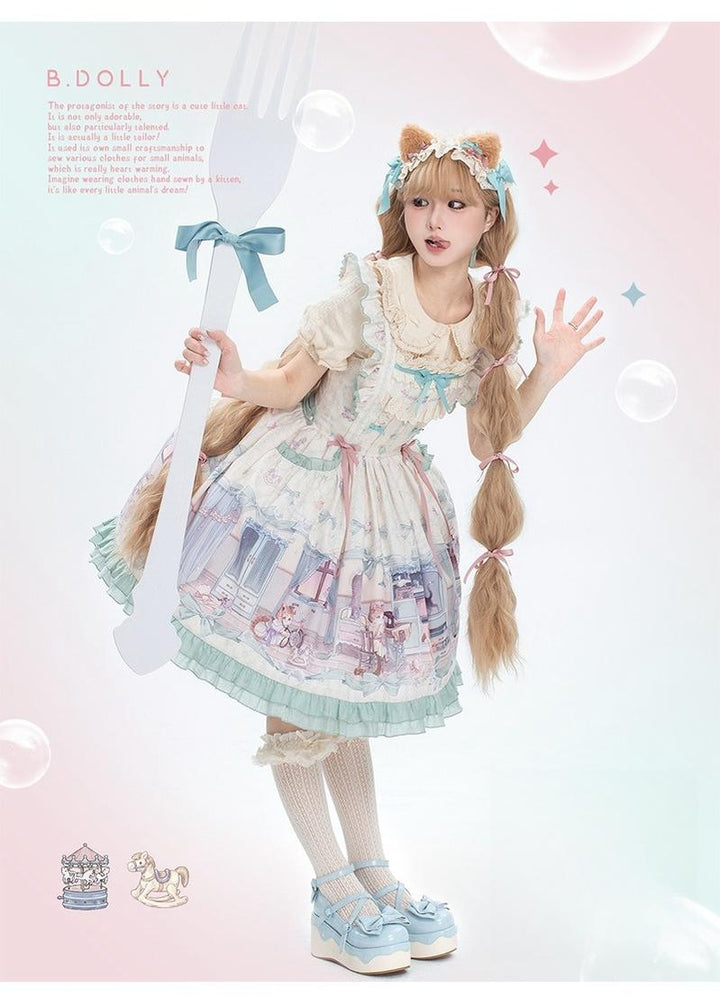 Baduoni~Dream Core Childhood~Kitty Printed Sweet Lolita JSK with Cute Headband