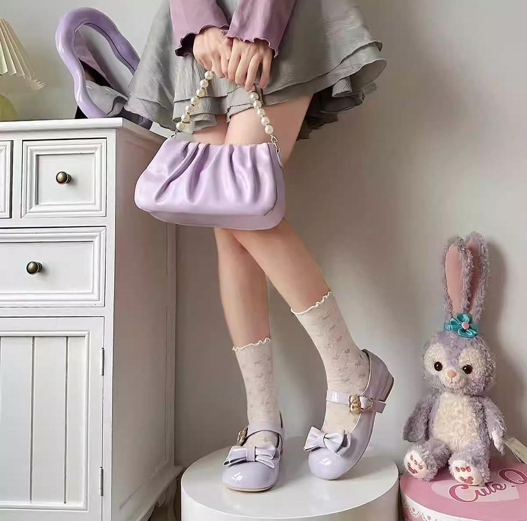 Sheep Puff~Hug Bear~Sweet Lolita Heel Shoes Bear Metal Buckle Bow Shoes 35 Patent Leather Purple - Low Heel 