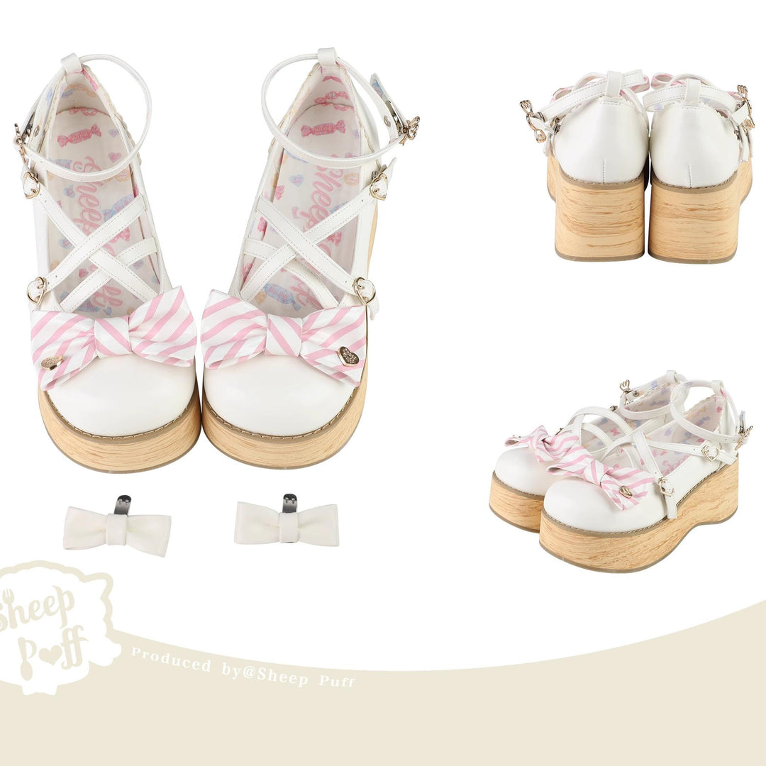(BFM)Sheep Puff~Candy Tea~Sweet Lolita Shoes Striped Bow Thick-Soled Shoes 35 white 