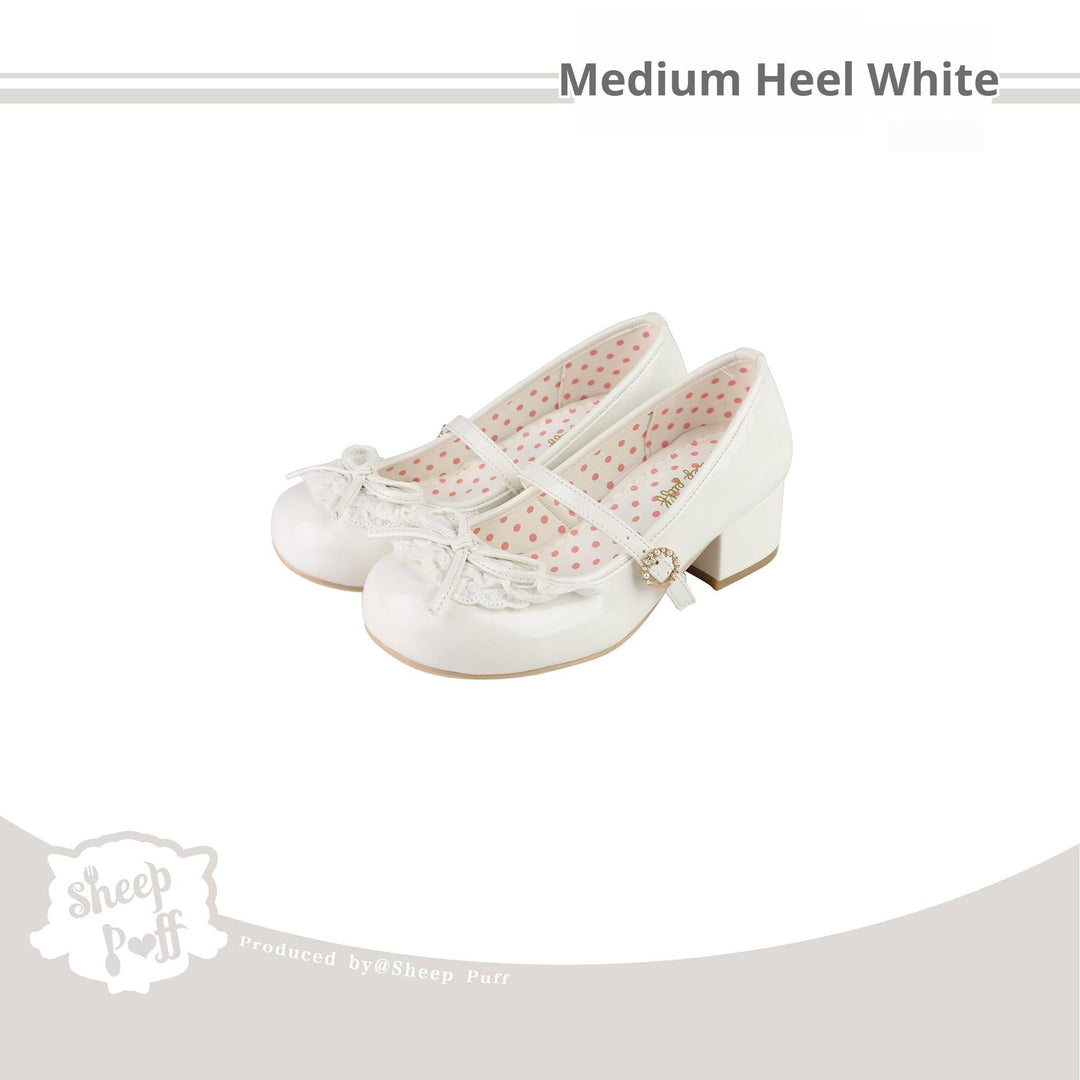 Sheep Puff~Young Layla~Vintage Lolita Shoes Low Heel Butterfly Shoes 34 White - mid heels 