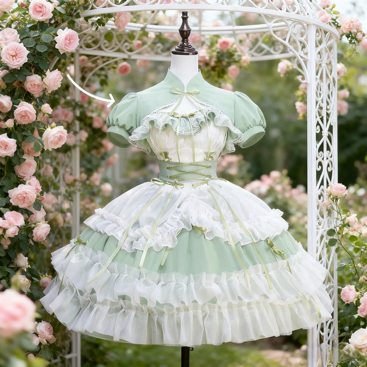 Toting Basil - Plus Size Wedding Lolita Dress Set, Green Bridal (2XL 3XL 4XL L M S XL) 37156:874710