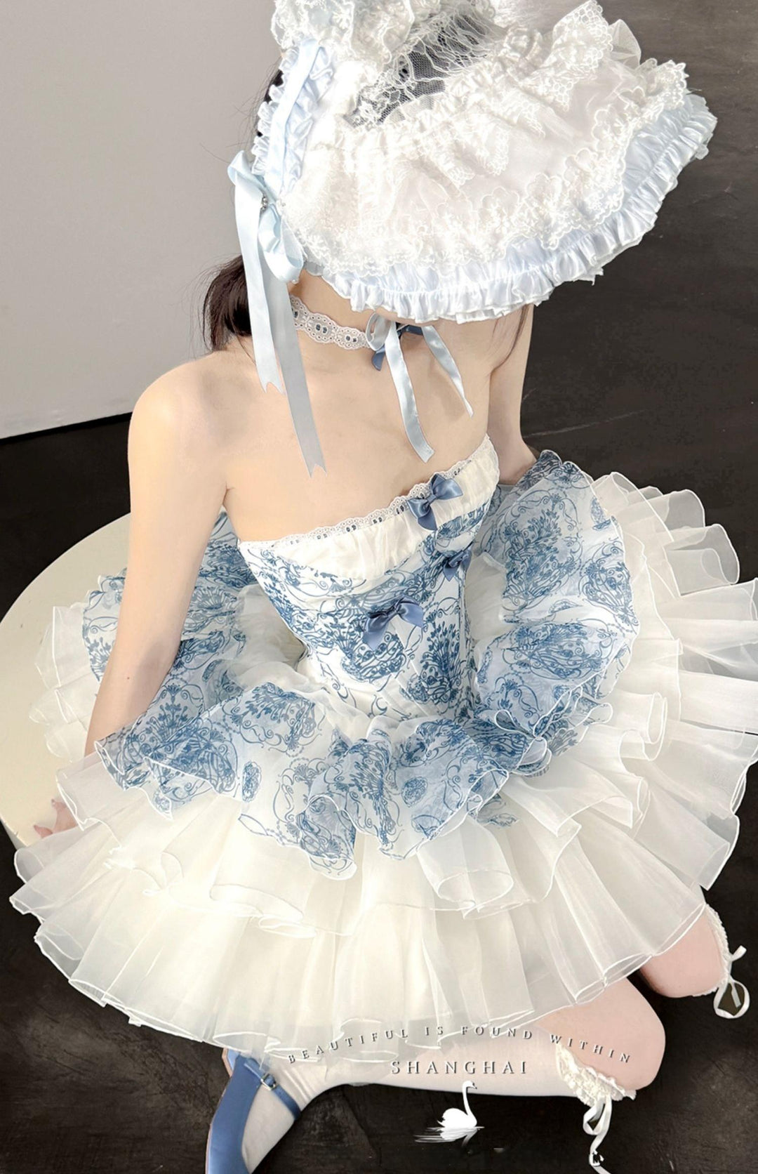 POSHEPOSE~Blue and White Porcelain~Princess Lolita Cake Skirt JSK Dress Plush Cape