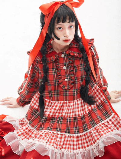 (BFM)Soso Meme Club~Vintage Lolita OP Dress Red Lolita Plaid Dress for Spring Summer   