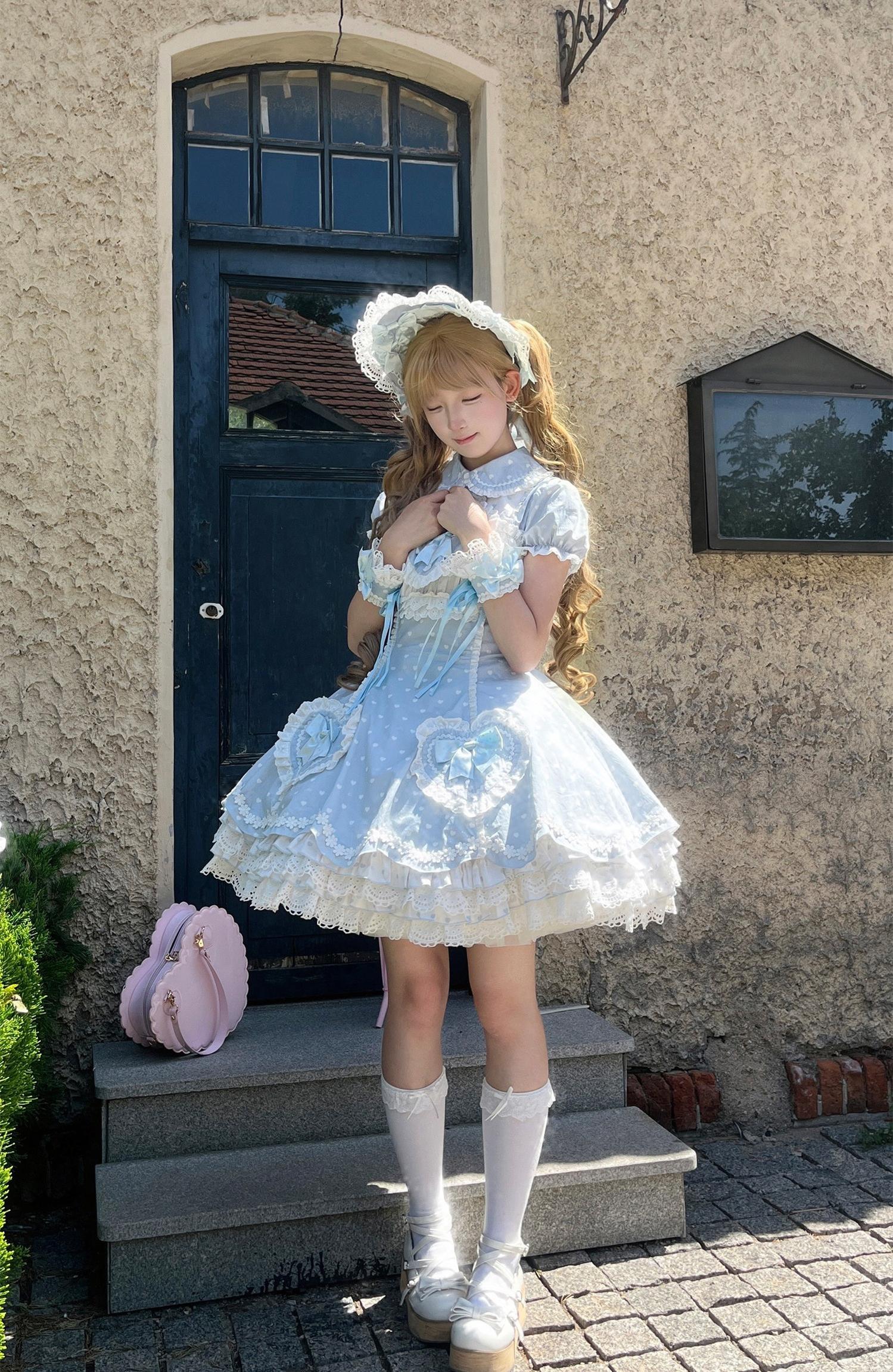 Maiden's Heart Knot - Cotton Old School Lolita Dress, Heart Polka Dot
