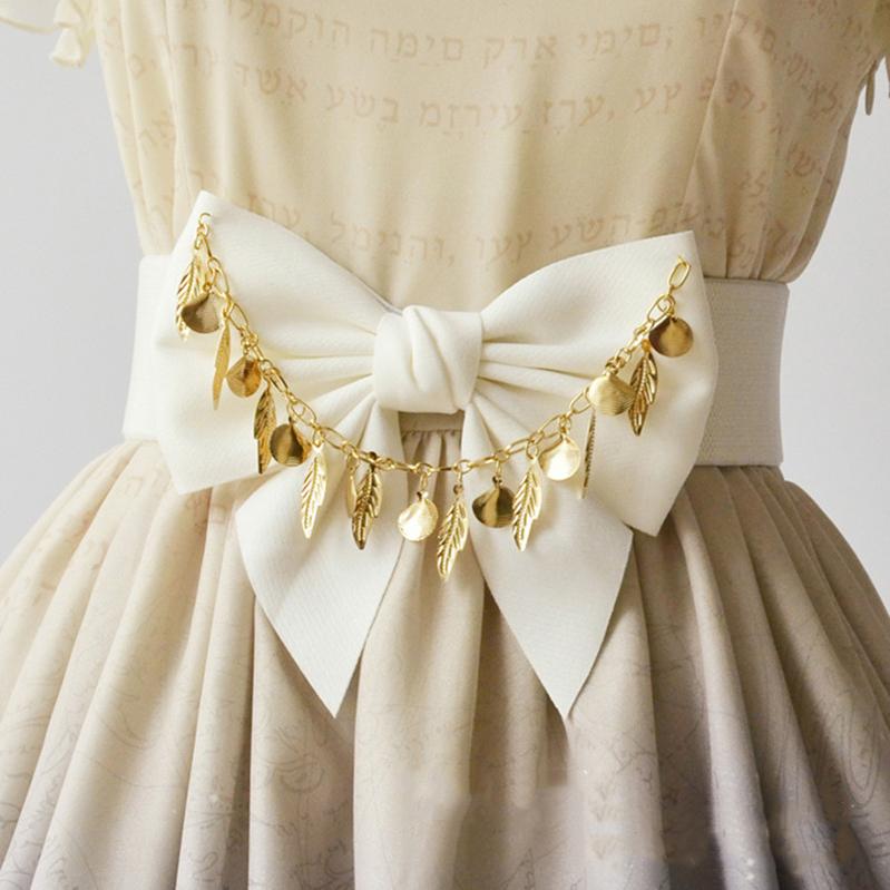 (Buyforme)Cotton Candy~Pearl Beaded Chain Cotton Lolita Bow Waistband white  