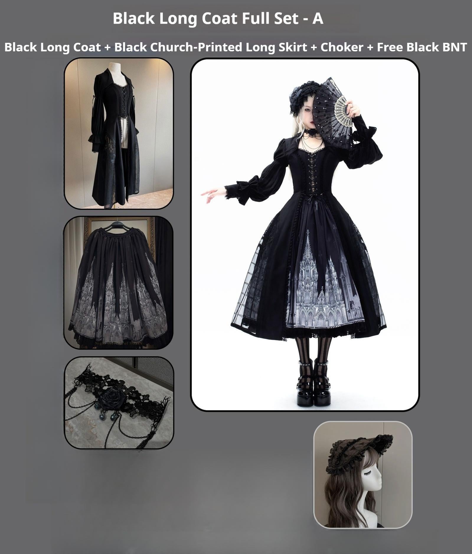Susin Lolita - Night Traveler - Gothic Lolita Skirt Outfit Long Coat Shirt and Bustier Set (L M S XL) 42118:727540